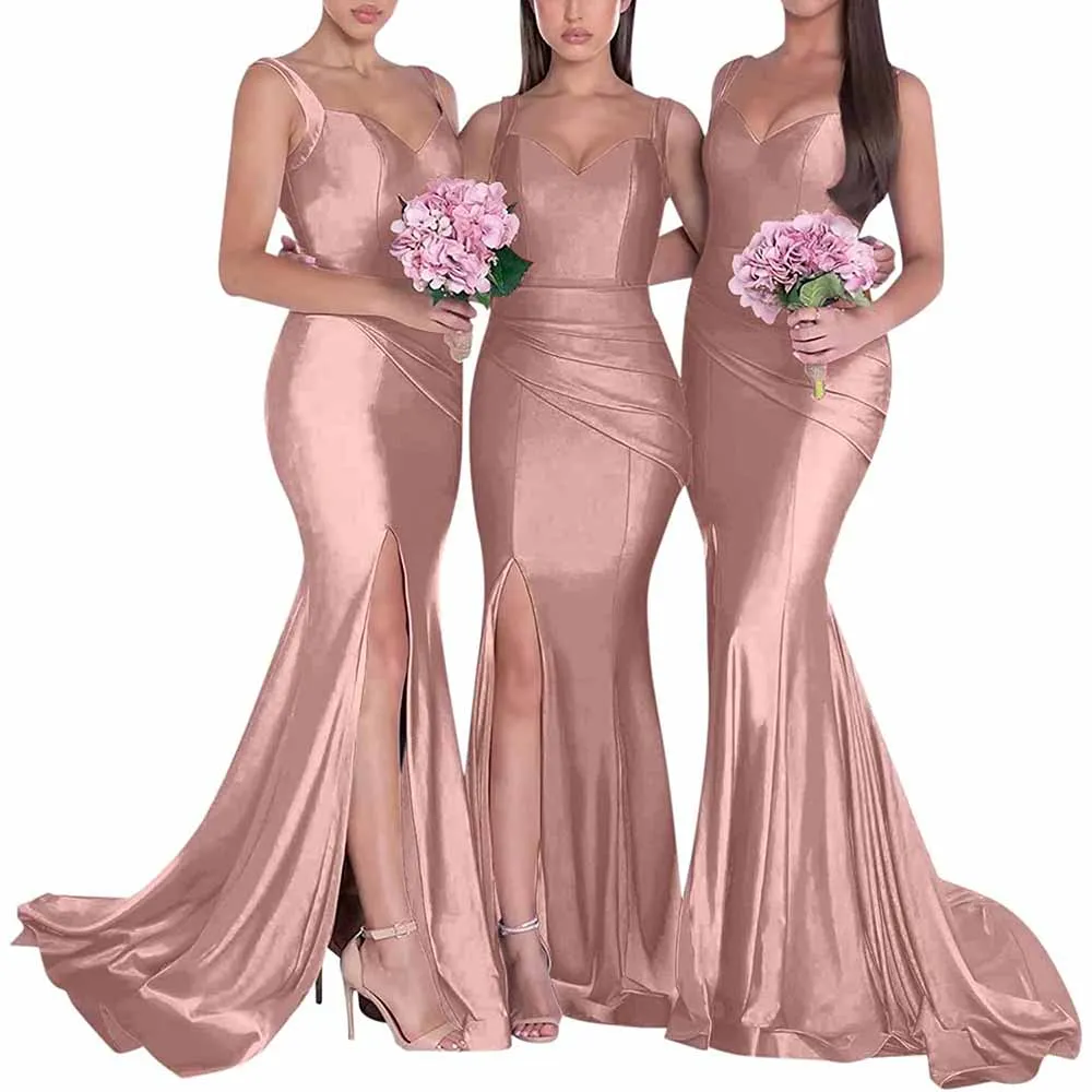 Mermaid Bridesmaid Dresses Long Split Satin Formal Gowns Ruched Spaghetti Straps V-Neck Prom Dress