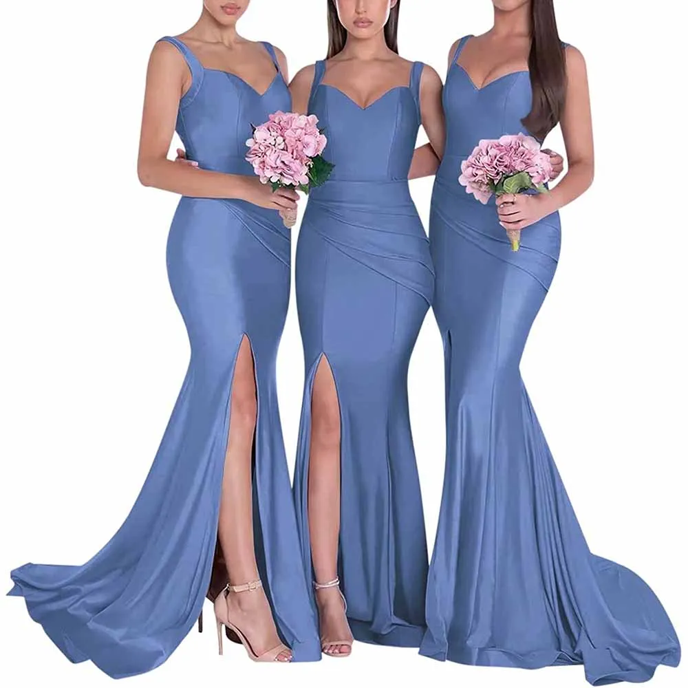 Mermaid Bridesmaid Dresses Long Split Satin Formal Gowns Ruched Spaghetti Straps V-Neck Prom Dress