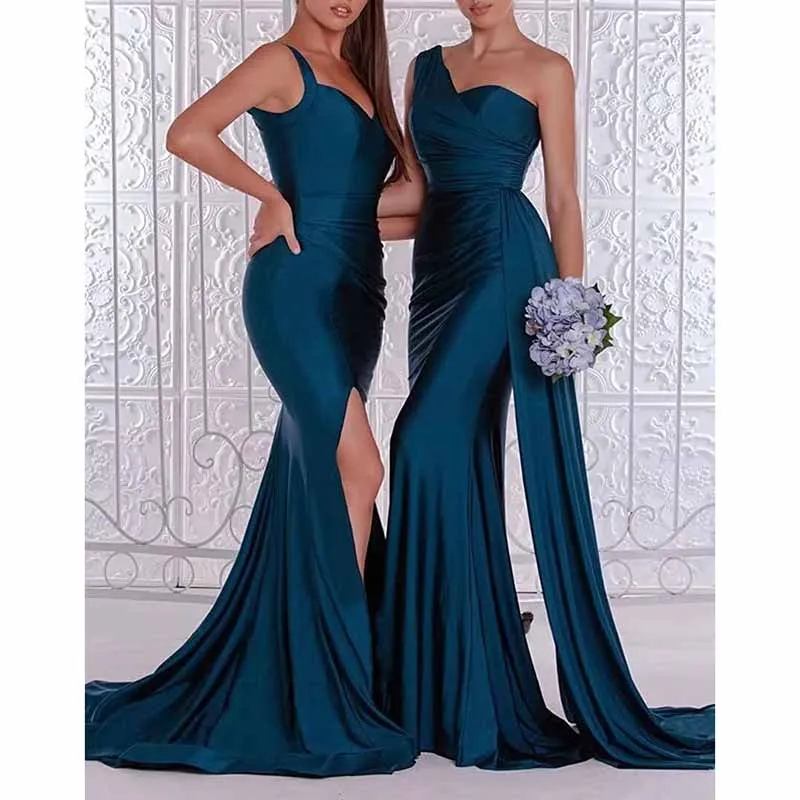 Mermaid Bridesmaid Dresses Long Split Satin Formal Gowns Ruched Spaghetti Straps V-Neck Prom Dress