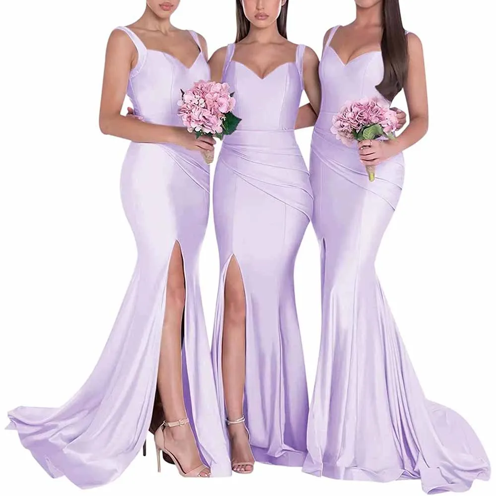 Mermaid Bridesmaid Dresses Long Split Satin Formal Gowns Ruched Spaghetti Straps V-Neck Prom Dress