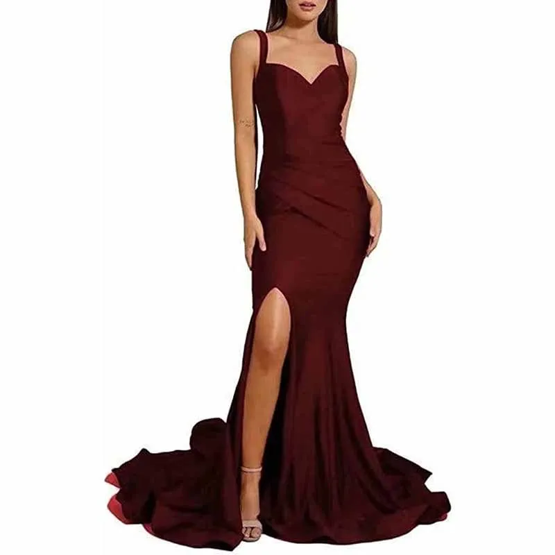 Mermaid Bridesmaid Dresses Long Split Satin Formal Gowns Ruched Spaghetti Straps V-Neck Prom Dress