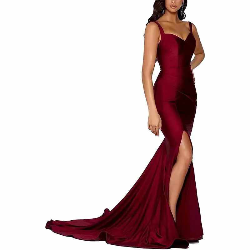 Mermaid Bridesmaid Dresses Long Split Satin Formal Gowns Ruched Spaghetti Straps V-Neck Prom Dress