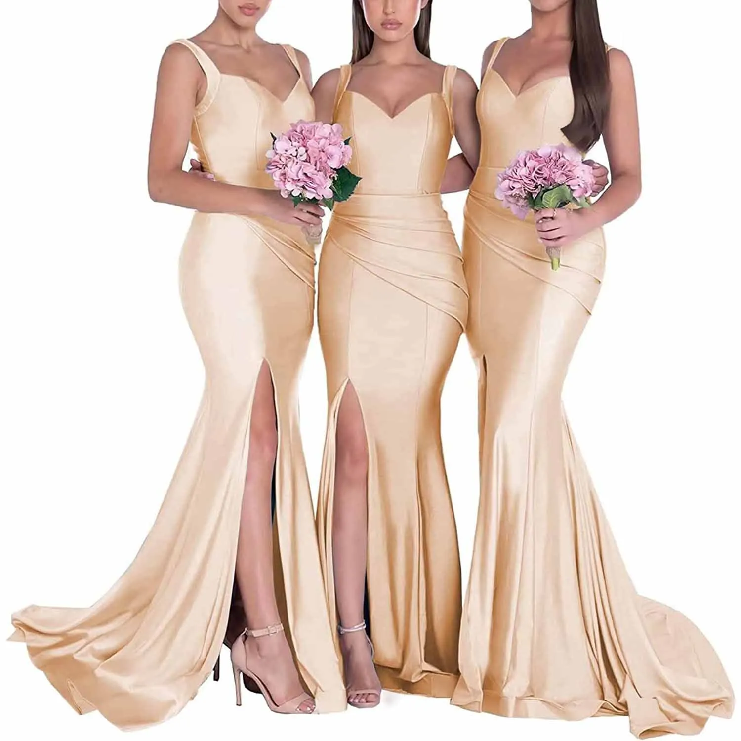 Mermaid Bridesmaid Dresses Long Split Satin Formal Gowns Ruched Spaghetti Straps V-Neck Prom Dress