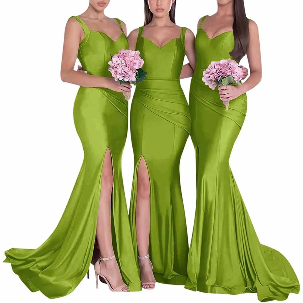 Mermaid Bridesmaid Dresses Long Split Satin Formal Gowns Ruched Spaghetti Straps V-Neck Prom Dress