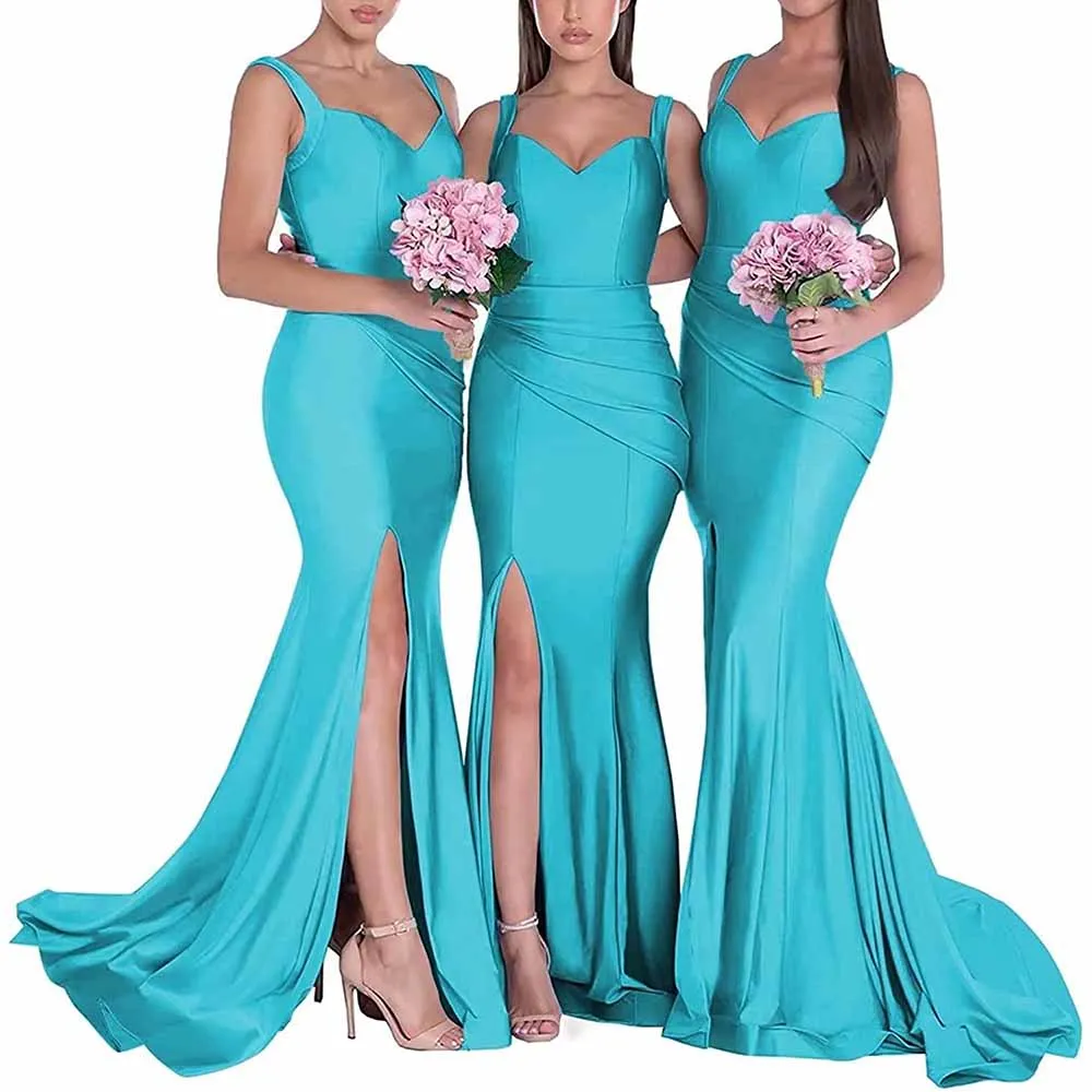 Mermaid Bridesmaid Dresses Long Split Satin Formal Gowns Ruched Spaghetti Straps V-Neck Prom Dress