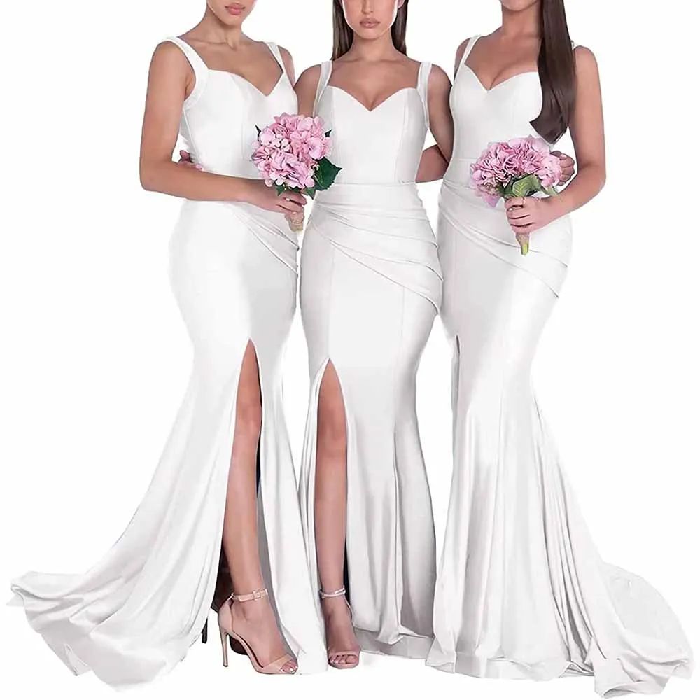 Mermaid Bridesmaid Dresses Long Split Satin Formal Gowns Ruched Spaghetti Straps V-Neck Prom Dress