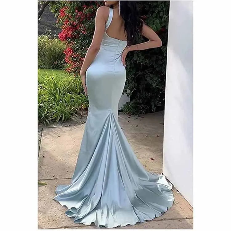 Mermaid Bridesmaid Dresses Long Split Satin Formal Gowns Ruched Spaghetti Straps V-Neck Prom Dress