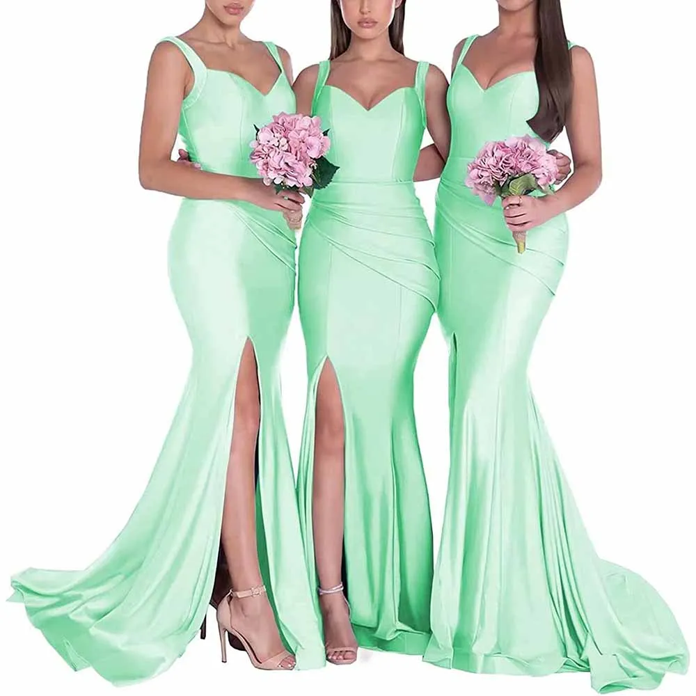 Mermaid Bridesmaid Dresses Long Split Satin Formal Gowns Ruched Spaghetti Straps V-Neck Prom Dress