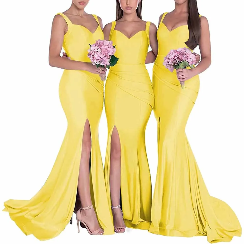 Mermaid Bridesmaid Dresses Long Split Satin Formal Gowns Ruched Spaghetti Straps V-Neck Prom Dress