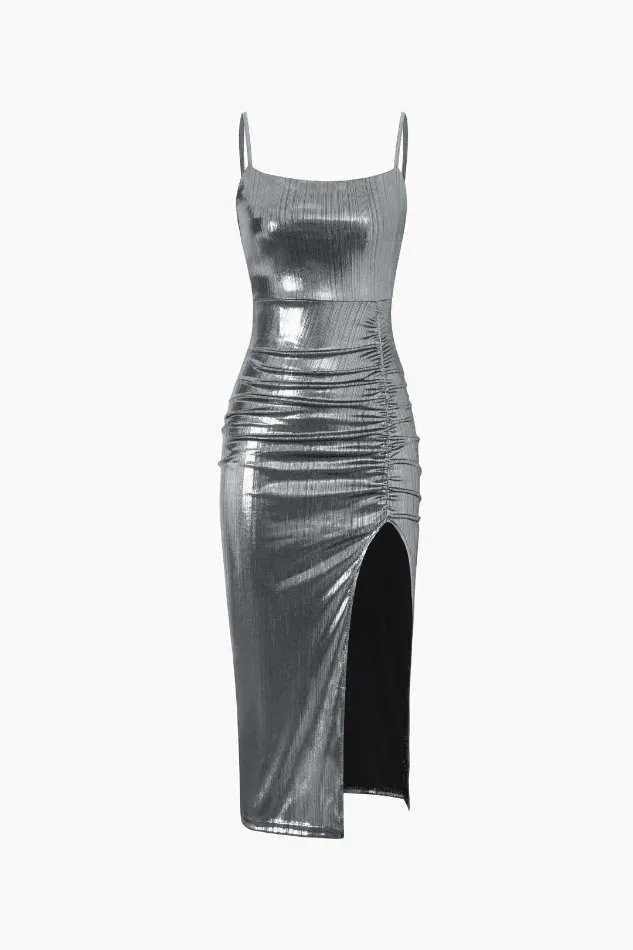 Metallic Ruched Slit Midi Dress