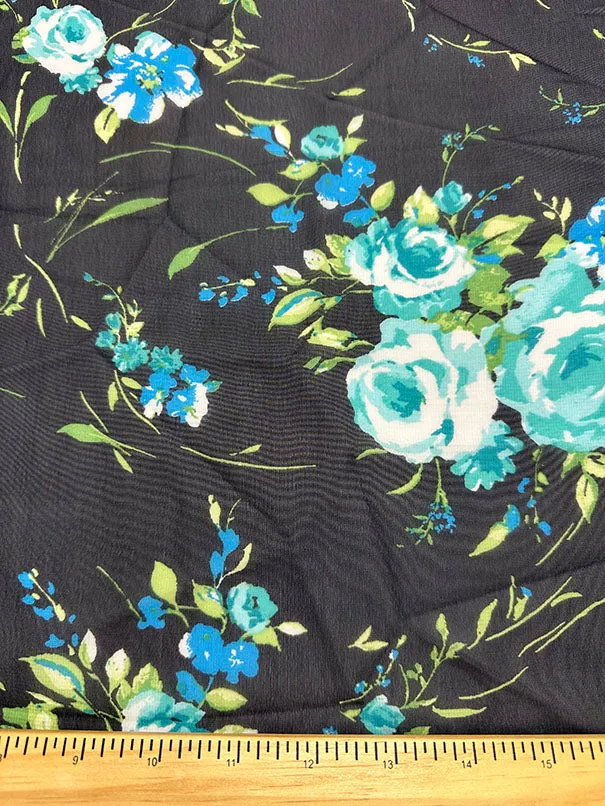 Mint Roses Floral Print Poly Chiffon Fabric