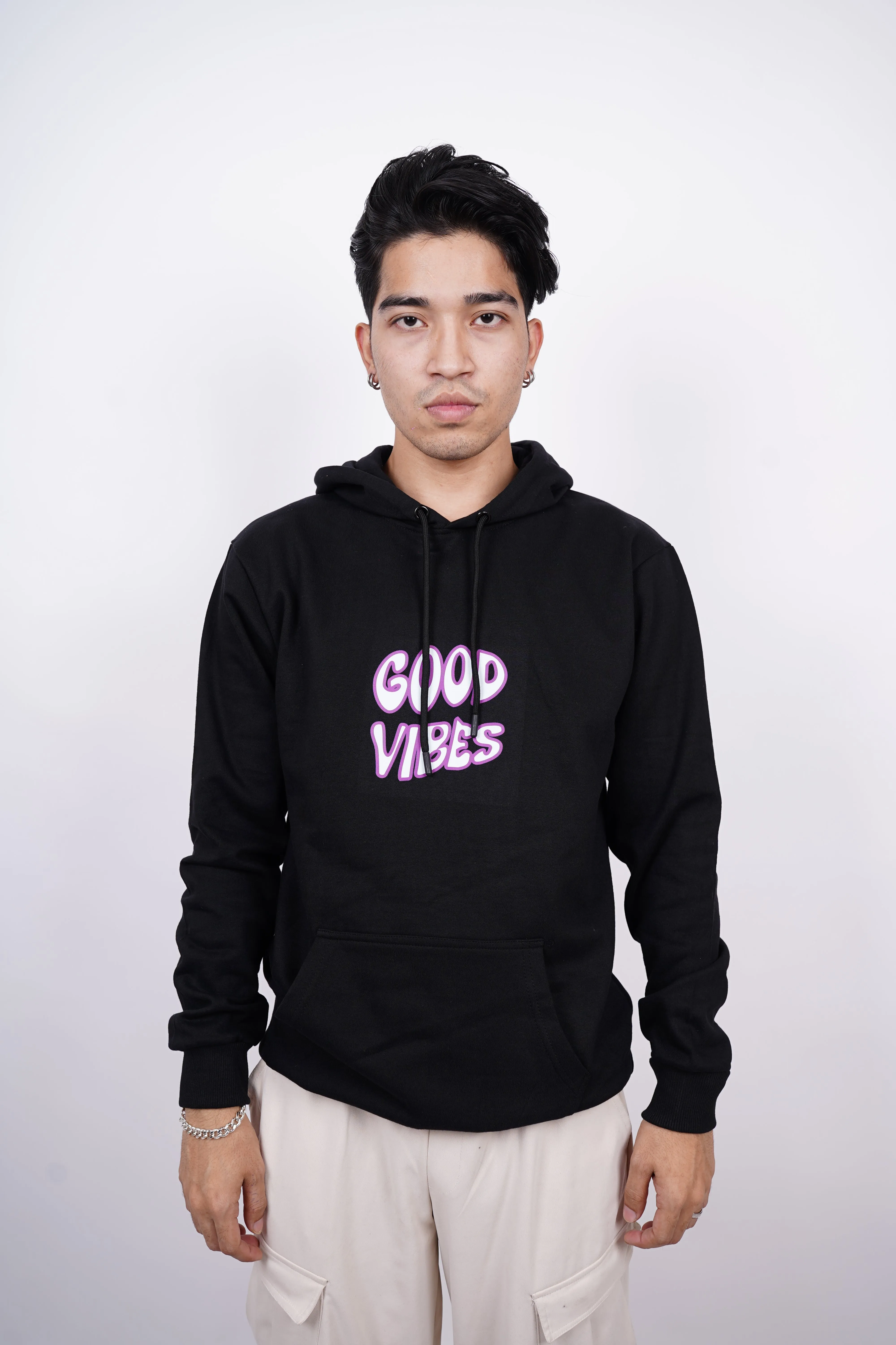 Positive Vibes Relaxed Fit Black Hoodie For Men By DemonWear