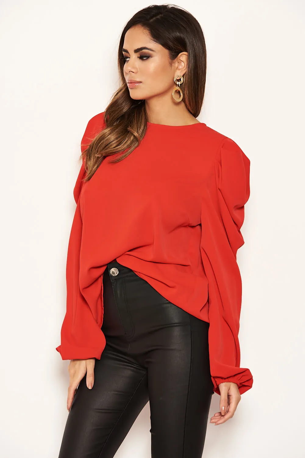 Red Puff Sleeve Loose Fit Top