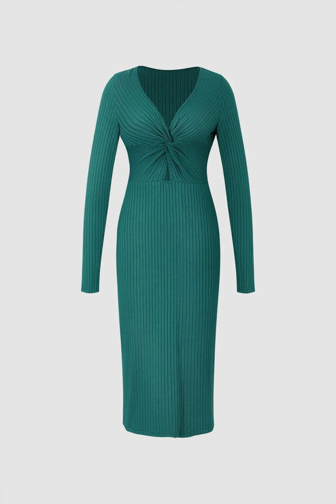 Ribbed Twist Detail Long Sleeve Midi Dress