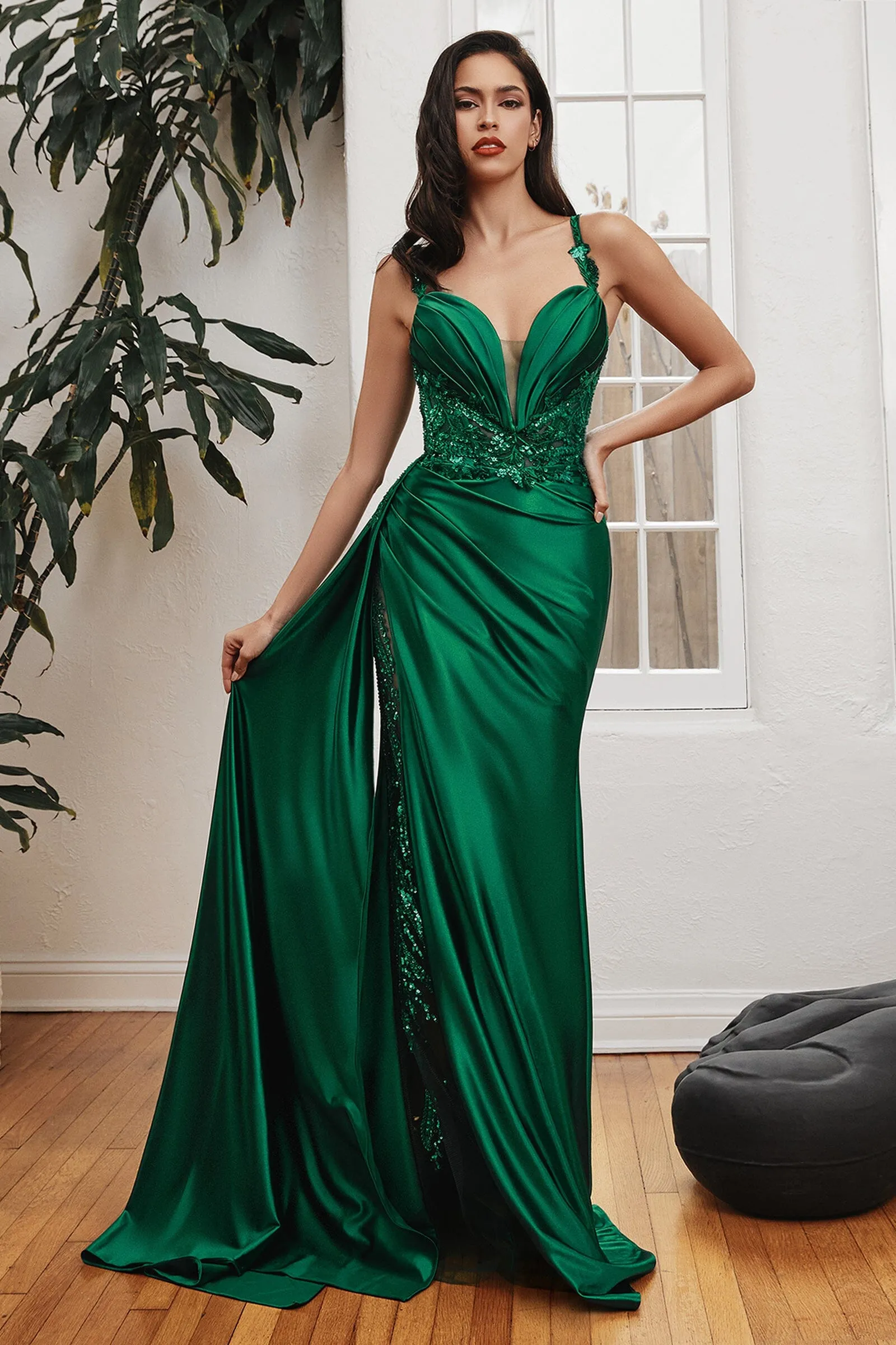 Satin Sleeveless Sheer Slit Gown by Ladivine CDS417