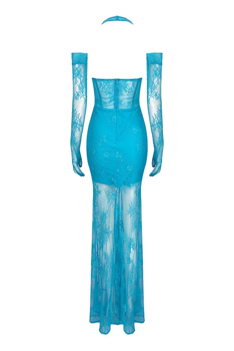 Sexy Opera Glove Sheer Lace Fishtail Sleeveless Halter Evening Maxi Dress