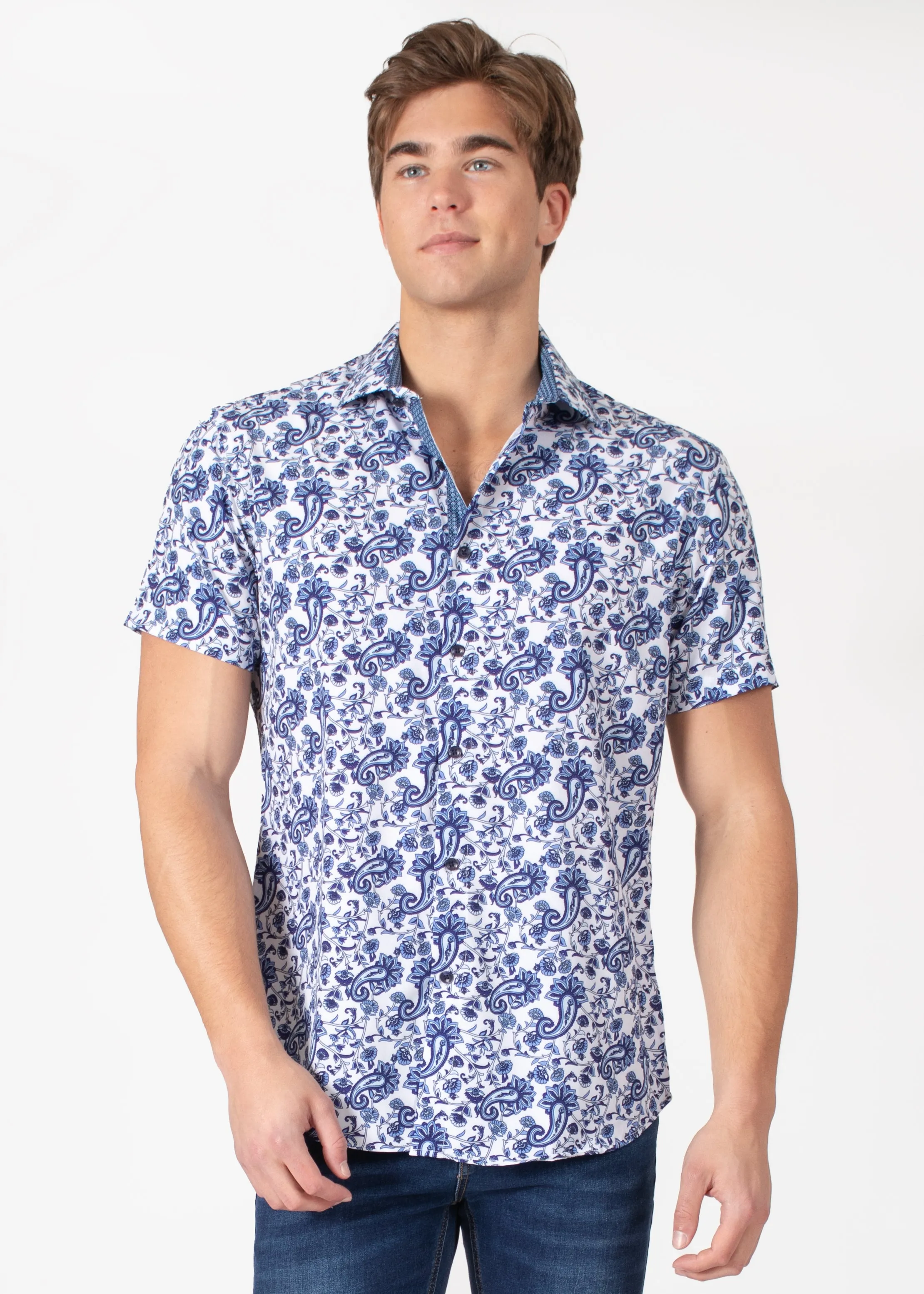 Short Sleeve Dress Shirt with Abstract Paisley Print