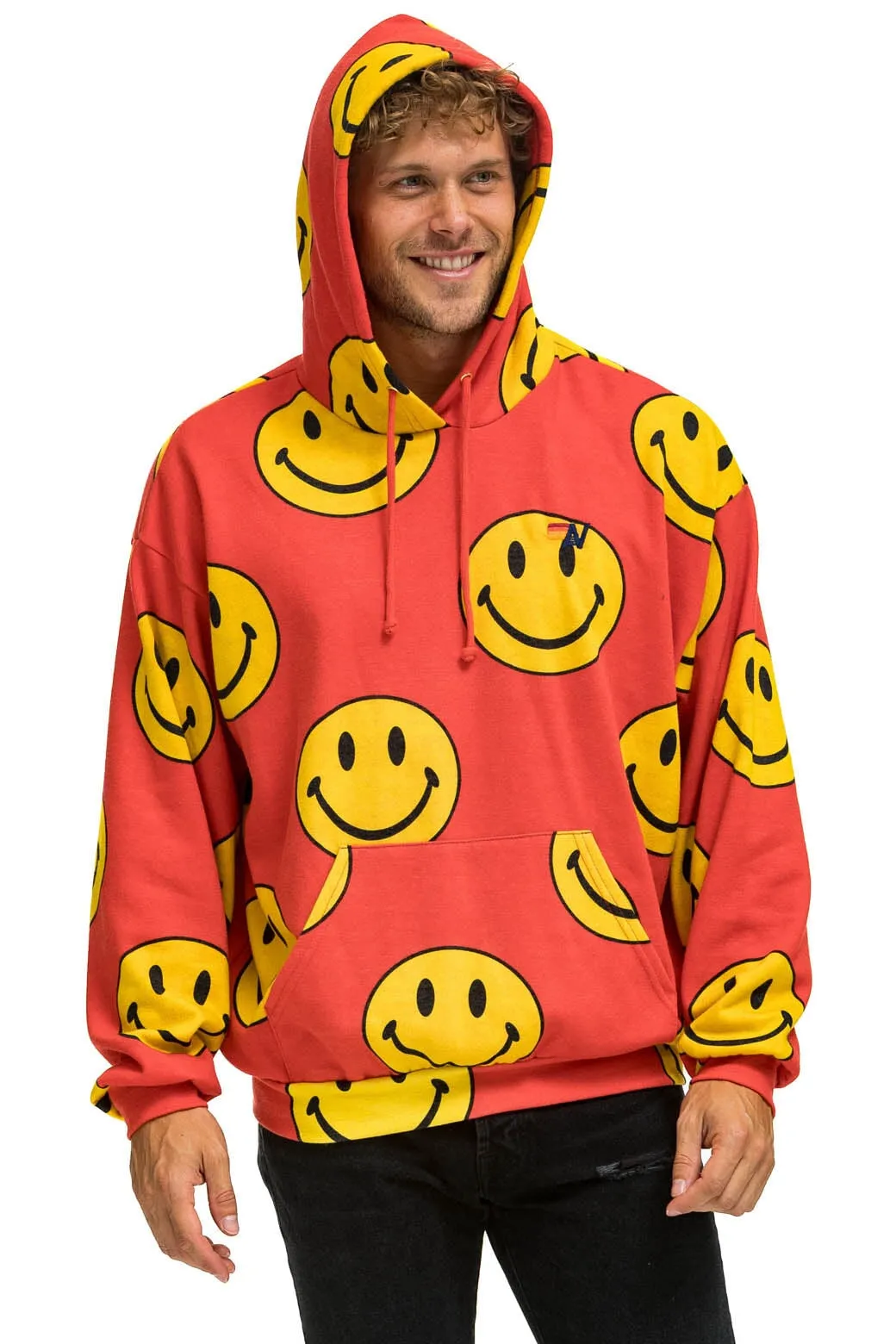 SMILEY REPEAT RELAXED PULLOVER HOODIE - RED