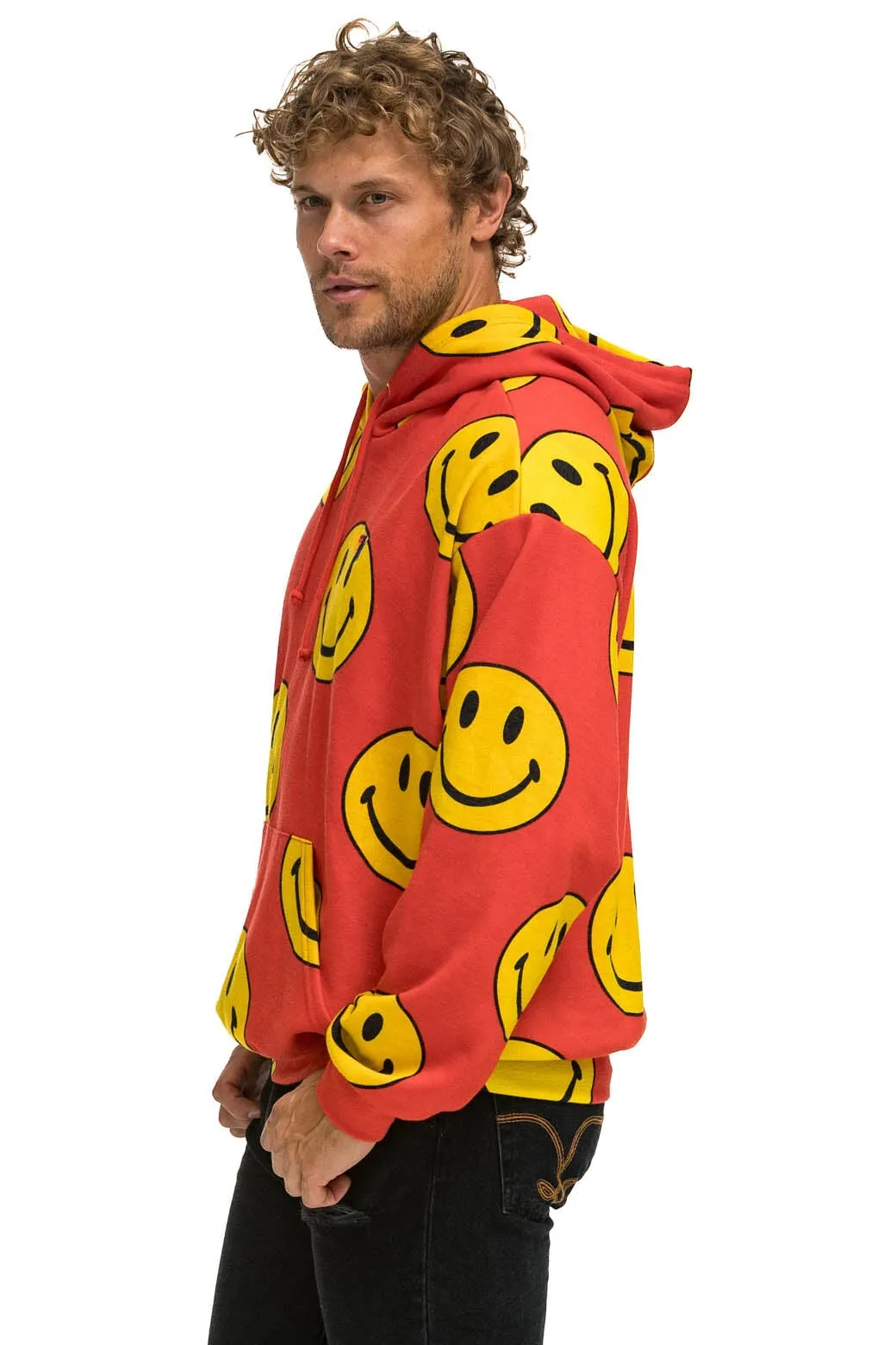 SMILEY REPEAT RELAXED PULLOVER HOODIE - RED