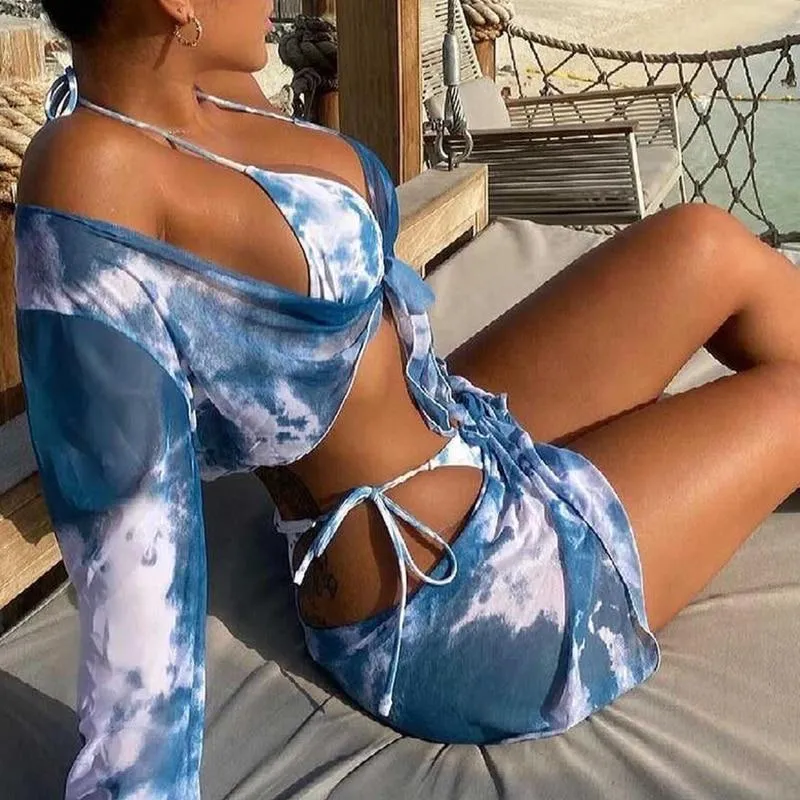 Trendy Hotties' Dye Print Long Sleeve Low Waist Swimsuit With Mesh Tie 4 Pieces