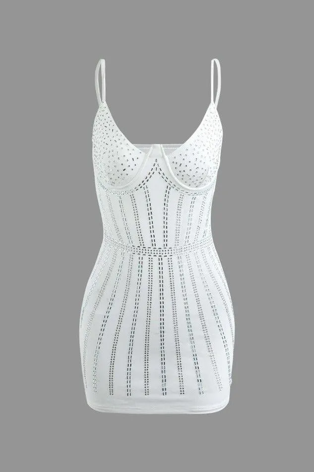 U-neck Rhinestone Decor Slip Mini Dress