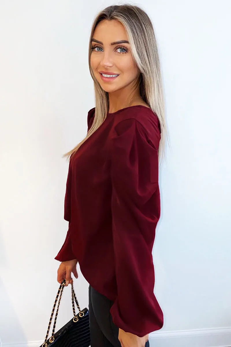 Wine Puff Sleeve Loose Fit Top