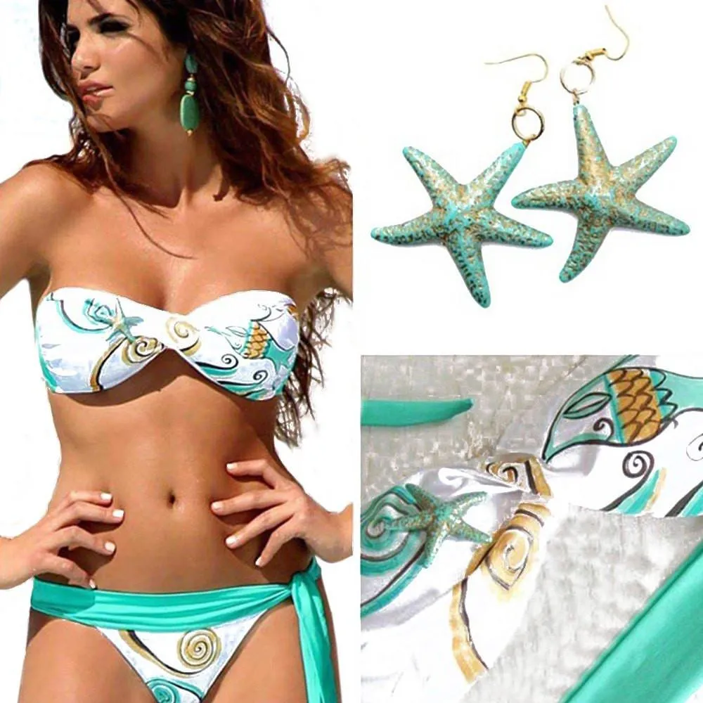 Women Trendy Push Up Lace-up Bra Low Elastic Waist Side Tiedown Briefs Starfish Print Patchwork Bikini Set Swimsuit