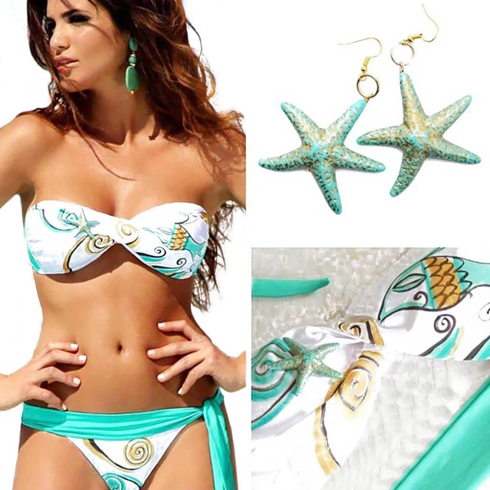 Women Trendy Push Up Lace-up Bra Low Elastic Waist Side Tiedown Briefs Starfish Print Patchwork Bikini Set Swimsuit