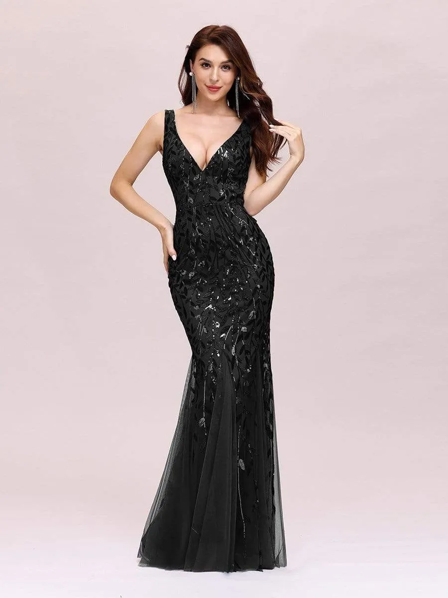 Women's Double V-Neck Fishtail Seuqin Prom Dress