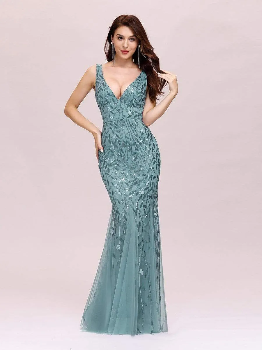 Women's Double V-Neck Fishtail Seuqin Prom Dress